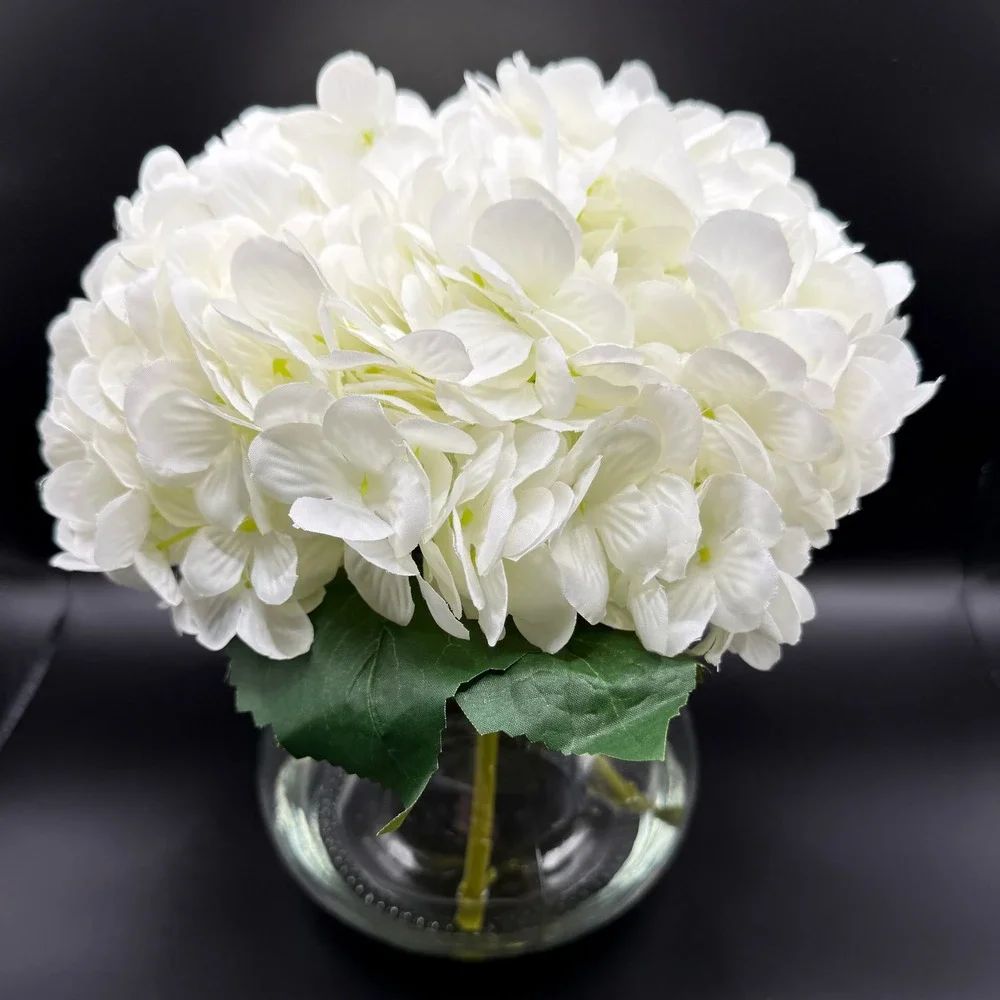 Faux Hydrangea Arrangement Home White Glass Vase Twine New